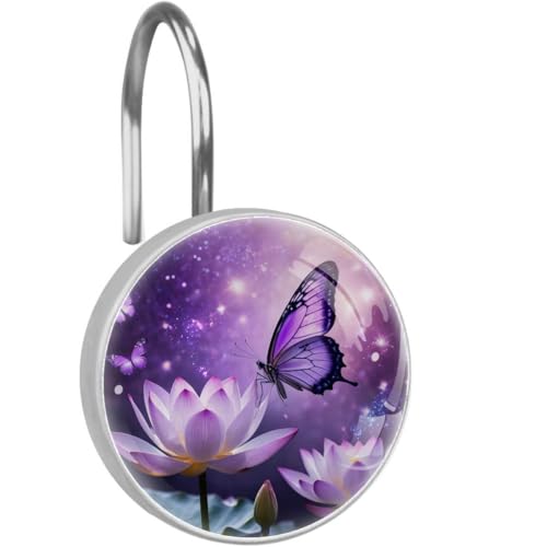 Purple Lotus and Butterfly Shower Curtain Rings, Stainless Steel Glass