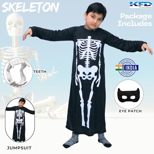 Image of Kaku Fancy Dresses Skeleton Costume for Kids with Gown & Teeth Mask | Scary Halloween Fancy Dress Outfit | Spooky Cosplay Costume for Boys & Girls - 5-6 Years