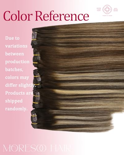 Image of Moresoo Balayage Clip in Hair Extensions Real Human Hair Ombre Brown to Blonde Hair Extensions Clip ins Short Straight for Women Different Batches 14 Inch 80g /5pcs