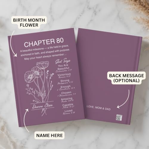 Personalized 80th Birthday Journal, Christian Faith Gift, Custom Name Birth Flower Notebook, Hardcover Floral Diary, 80th Birthday Keepsake for Mom, Dad, Wife, Husband, Grandma, Grandpa, Sister, Brother, Friend - VERSE80_9 - Image 3