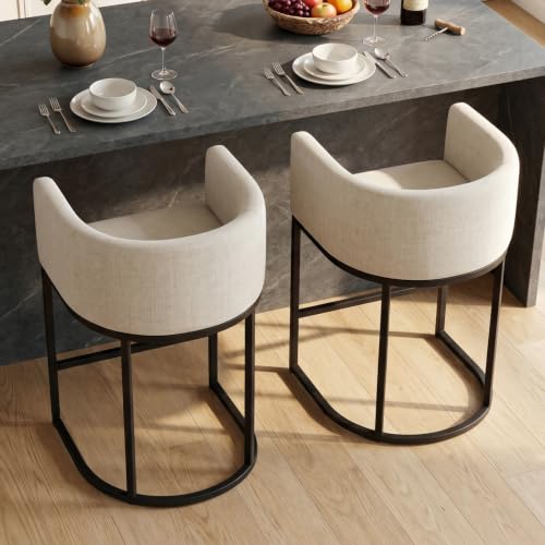KRAMZMING Counter Height Bar Stools Set of 2 24 Inch Seat Height Barstools for Dining Room Fabric Upholstered Bar Chair for Kitchen Island Linen Counter Stools with Metal Legs Beige