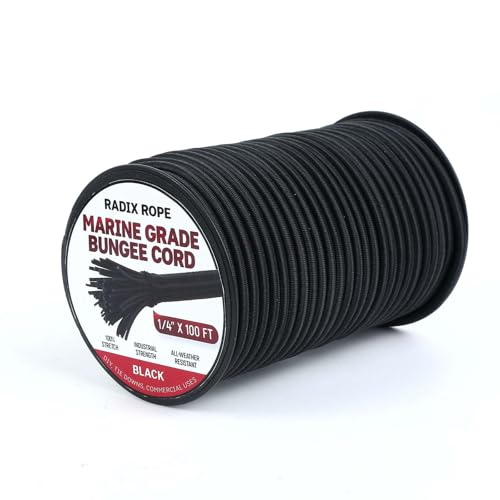 Marine Grade Bungee Cords Heavy Duty Outdoor - Bungee Cord Roll - 100% Stretch Elastic Cord and Absorbent Bungee Shock Cord for Kayak Deck, Camping, Crafting (1/4" x 100ft) by Radix Rope - Used condition - US$18.88