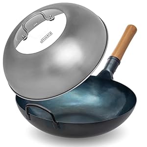 YOSUKATA Flat Bottom Wok Pan – 13.5″ Blue Carbon Steel Wok With Wok Lid 12.8 Inch – Premium Stainless Wok Cover with Tempered Glass Insert Steam Holes and Ergonomic Handle