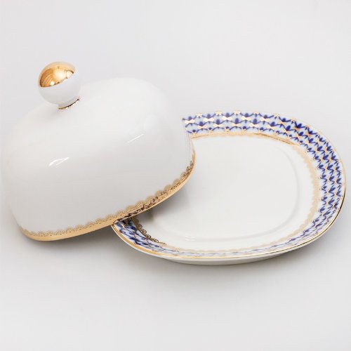 Imperial/Lomonosov Porcelain Butter Dish"Cobalt Net" #TOP3