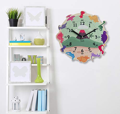 Silent Kids Wall Clock - Dinosaur Wooden Clock for Home, Nursery, Office, Baby Room - Non-Ticking, Decorative, Cute (Happy Dinosaur)