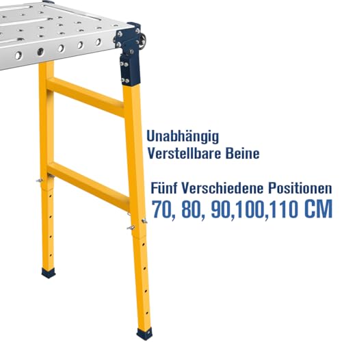 MOPEI 2 in 1 Multifunktions Arbeitsplattform Alugerüst Mobiler Schweißtisch | 36 x 140cm Verzinkte Tischplatte | 500 kg Belastbarkeit | 70-110cm Höhenverstellbar