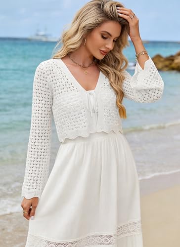 Image of Women's Soft Crochet Tie Front Cardigan Cropped Knit Bolero Shrug Summer Beach Cover Up Top