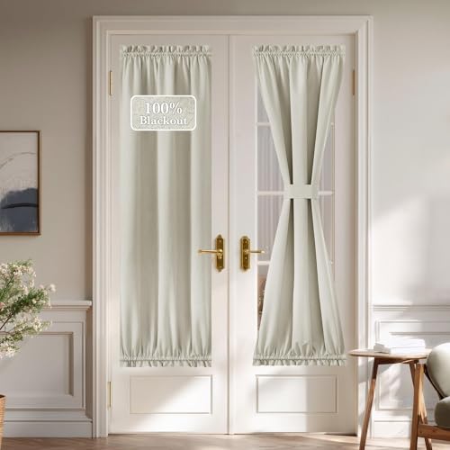 NICETOWN Linen Blackout Door Curtain for French Front Door, Privacy 100% Blackout Thermal Insulated Window Covering for Kitchen Office, 1 Panel, Light
