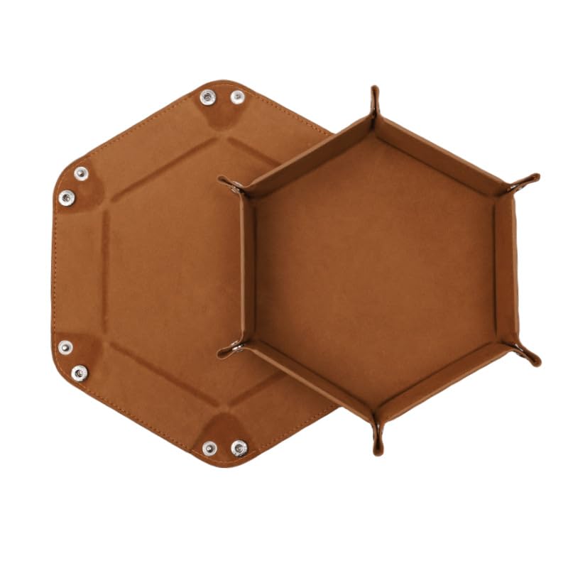 Hexagonal Dice Tray, Foldable PU Leather with Velvet Interior for Tabletop Gaming RPG DND (Brown)