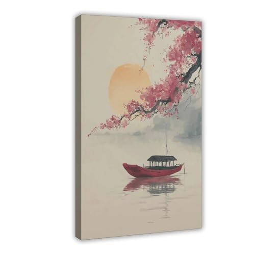 Navires japonais et fleurs de cerisier poster toile déco salon 50x75