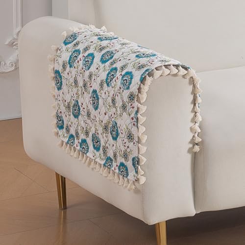 Image of HOKIPO Cerulean Bloom Quilted Sofa Armrest Cover Mat - 1 Pair | 'Tassel Twigs' Series (IN-987-T6*2)