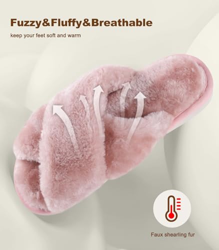 Image of Ankis Women's Fuzzy Slippers Cross Band Memory Foam Open Toe Comfy Soft House Shoes Anti-Slip Indoor Outdoor Gifts for Women