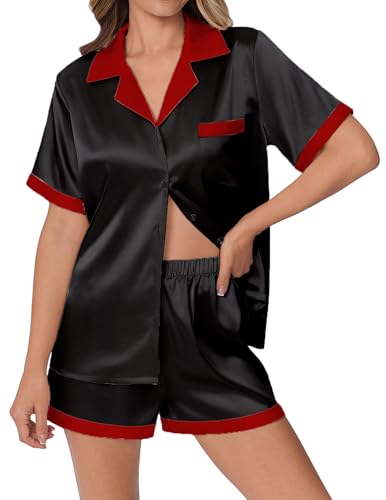 Ekouaer Womens Silk Satin Pajamas Set Animals Print Pjs Button Down Short Sleeve Lounge Set 2 Piece Sleepwear Black XXL