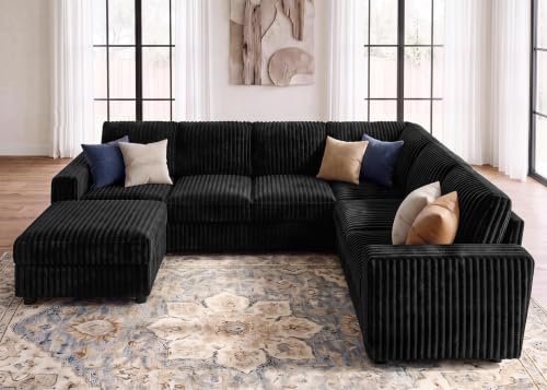 Image of HONBAY Corduroy Sectional Sofa with Ottoman, 7 Seat U Shaped Couch, Black | U-Shaped Sectional Couch with Storage Ottoman, Sectional Sofa for Living Room, Removable Cushion Covers