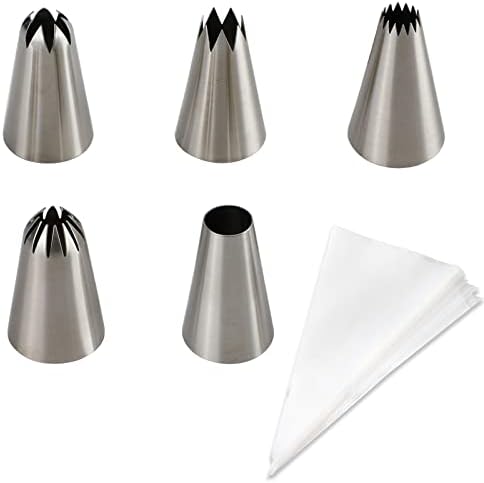 5pcs Large Piping Tips Set, Stainless Steel Cake Decorating Tips Set and ten Disposable piping bags for Pastry Cupcakes Cookies Decorating