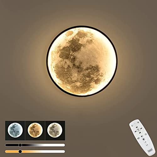 LED Mond Wandleuchte Kinderzimmer Dimmbar mit Fernbedienung 18W Runde Innen Wandlampe Kinder Nachttischlampe Mondlampe Nachtlampe Deko Wandbeleuchtung Modern Schlafzimmerlampe Flur Deckenleuchte