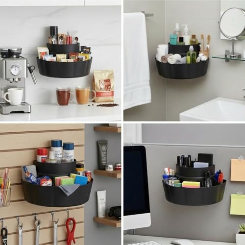 Image of CIPLA PLAST Two-Tier Self-Adhesive Wall Mount Organizer And Counter Top, White Plastic Storage Caddy, Multi-Purpose Shelf for Kitchen, Bathroom, Office, Desktop Organization (Black)