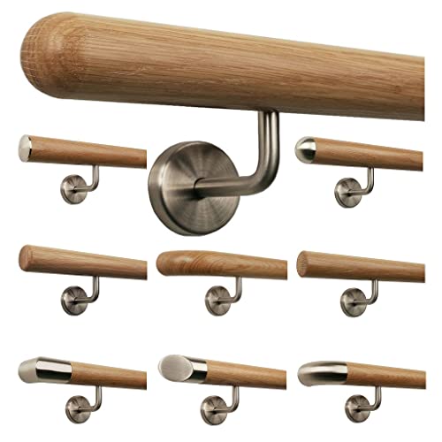 TIBU Barandilla de madera de roble 0,3 m – 6 m, longitud 130 cm, extremo semiesférico fresado y 2 soportes en ángulo