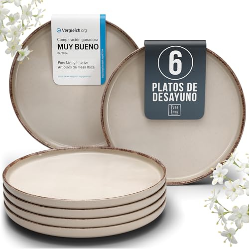 Set de Platos de Gres Rustic para Desayuno y Postre - Juego de 6 Platos Elegantes y Resistentes, Aptos para Lavavajillas - Teller Pequeños para Ensalada y Pastel - Pure Living en Color beige
