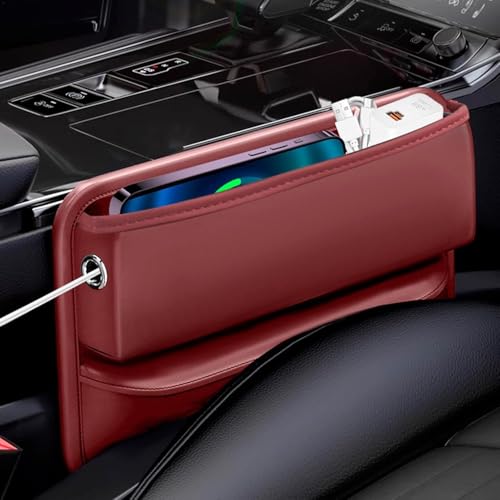 Image of Automaze Car Seat Gap Filler Organizer, Premium Leather Seat Gap Filler for Car Truck SUV, Universal Seat Gap Storage Box, Adjustable Car Seat Storage Box for Phones, Glasses, Wallets, Keys (Dark Red)