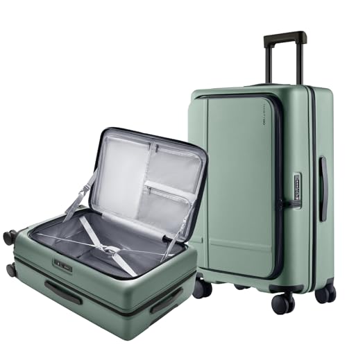 Image of NINETYGO Medium Checked Luggage 25 Inch, Flat Top Opening Check In Luggage with Cup Holder, Expandable, Lightweight PC Hard Shell, TSA Lock, 360 Spinner Wheels (Creamy Matcha Tea)