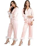 Y WJing Yi Jia Feather Pyjamas For Women Silk Satin Pyjama Set Long Womens 2pc Pj Sets Bridesmaid Bride Pj Set Bridal Button Down Sleepwear Wedding Pajamas Loungewear - Image 1