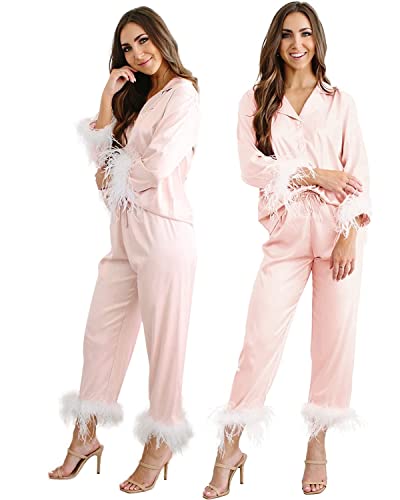 Y WJing Yi Jia Feather Pyjamas For Women Silk Satin Pyjama Set Long Womens 2pc Pj Sets Bridesmaid Bride Pj Set Bridal Button Down Sleepwear Wedding Pajamas Loungewear