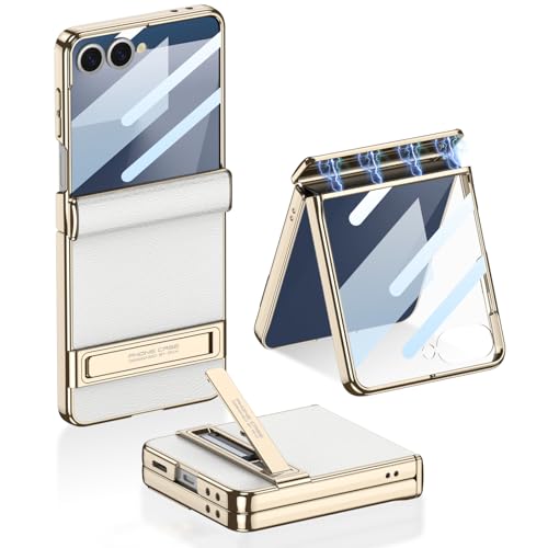 Image of Midkart Magnetic Cover Compatible with Samsung Galaxy Z Flip 7 Release 2025 Hinge Protection Leather Case Kickstand Electroplated with Front Glass and Camera Protection, White