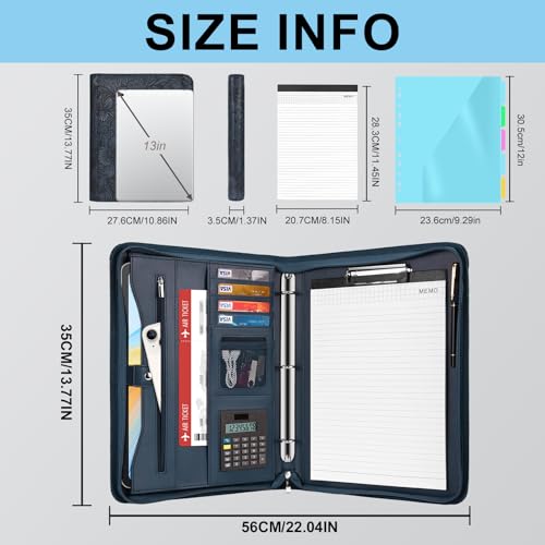 Image of Eshow Portfolio Organizer - 3 Ring Binder with Zipper, Vegan Leather Business Padfolio Folder with Notepad Includes 5 Color Sheet Protectors for Documents Files for Men Women
