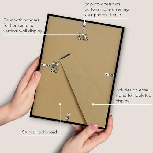 Americanflat 8x11 Picture Frame with Shatter-Resistant Glass - Streamline Collection - Thin Border Photo Frame for Tabletop and Wall Display - Hanging Hardware and Easel Stand Included - Black