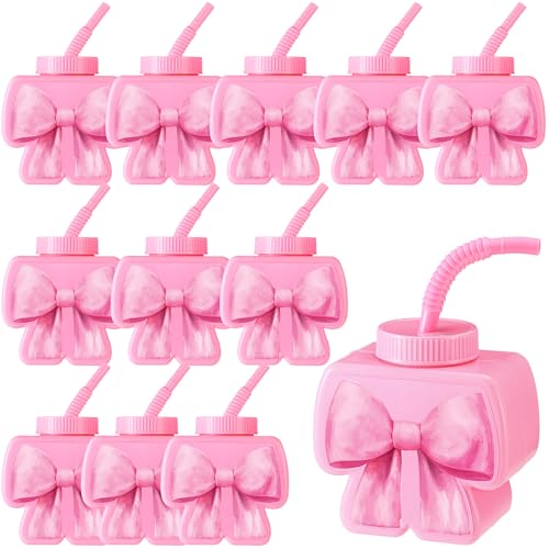 Jingmore 24 Pcs Pink Bow Plastic Cups with Lids Straws 11 oz Reusable
