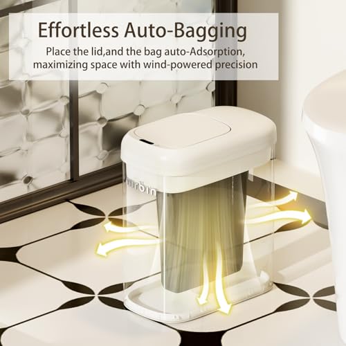 Image of MRBIN Motion Sensor Adsorption Bag Bathroom Trash Can with Lid and Wheels, 10L /2.6gal Automatic Waste Basket Slim Electric Metal Garbage Bin for Office, Bedroom, Rv, Cream White