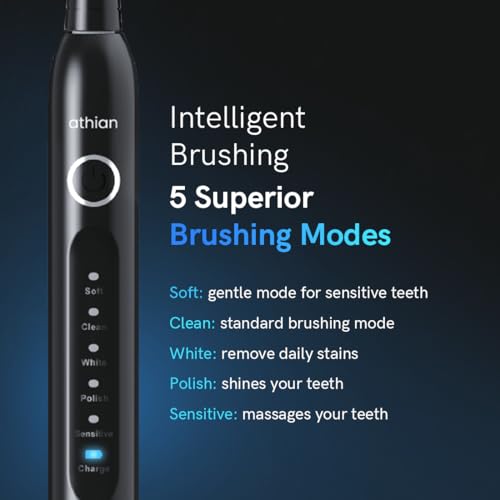 Image of athian Luxe Series UltraSonic Whitening Toothbrush with 2 Brush Heads 40,000 VPM Electric Motor & Rechargeable battery - 5 Super Brushing Modes & Smart timer (Adult Toothbrush - 2 Brush Heads) (Blue)