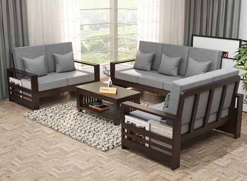 Image of Sheesham Wooden 7 Seater Sofa for Living Room | Rosewood 7 Seater Cushion Sofa with Side Rack | Solid Wood Sofa Set for Lounge (3+2+2,Walnut Finish)