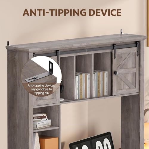 Image of Large Desktop Bookshelf with Sliding Barn Door, 47.2''W Desk Shelf Display Rack, Desktop Organizer Storage Rack with 7 Cubbies and Drawer, Home, Desk Shelf for Office, Dorm, Vanity, Oak