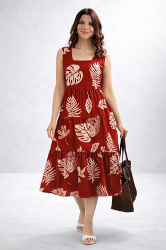 Image of Women's Maroon Tropical Print Sleeveless Midi Dress - Casual Tiered A-Line Fit & Flare Dress for Summer, Vacation, Beach, Party