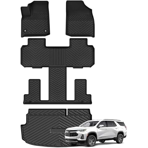 AUTOSAVER88 Floor Mats Set for 2018-2024 2025 Chevy Traverse 7 Seats with 2nd Row Bucket Seats, Custom Fit All Weather Floor Liners 3 Row & Cargo Liner Car Mats Set Accessories, Black Cover