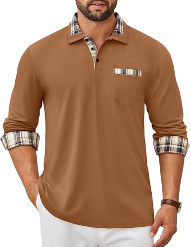 Polo décontracté à manches longues marron clair pour homme en coton chic