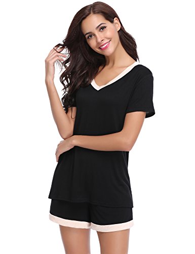 Aiboria Damen Pyjama-Set, kurzärmelig, Baumwolle, kurzärmelig, Nachtwäsche, Sommer, Lounge, Pyjama-Set - Schwarz - X-Large Cover