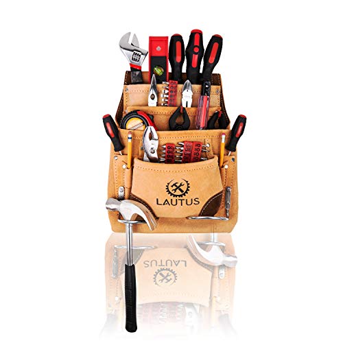 Image of LAUTUS Leather Tool Pouch Bag |Carpenter, Construction, Framers, Handyman |2 Hammer Holders, 10 Pockets|