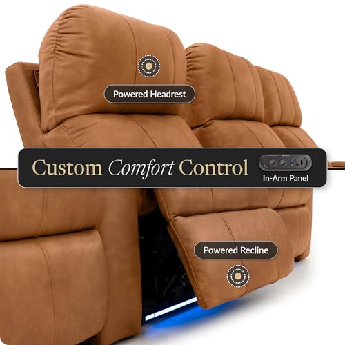 Image of Seatcraft Monterey Tawny Italian Leather Home Theater Seating, Zero Gravity Power Recliner, Gaming and Home Office Chair, Powered Headrest Furniture for Family Cinema Room, Row of 2