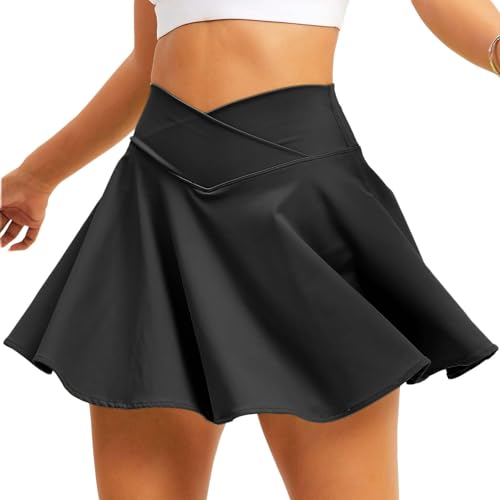 TZLDN Pleated Tennis Skirt with Pockets for Women High Waisted Built-in Shorts Athletic Golf Skorts Casual Versatile Mini Skater Skirt Black,S