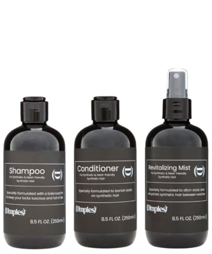 Dimples Shampoo, Conditioner and Revitalising Mist (3-in-1 Set) for Synthetic Hair Wigs – Balanced pH Anti-static, Nourishing, Non-Sticky & Revitalize Fibre Hair - Premium Quality Haircare Kit