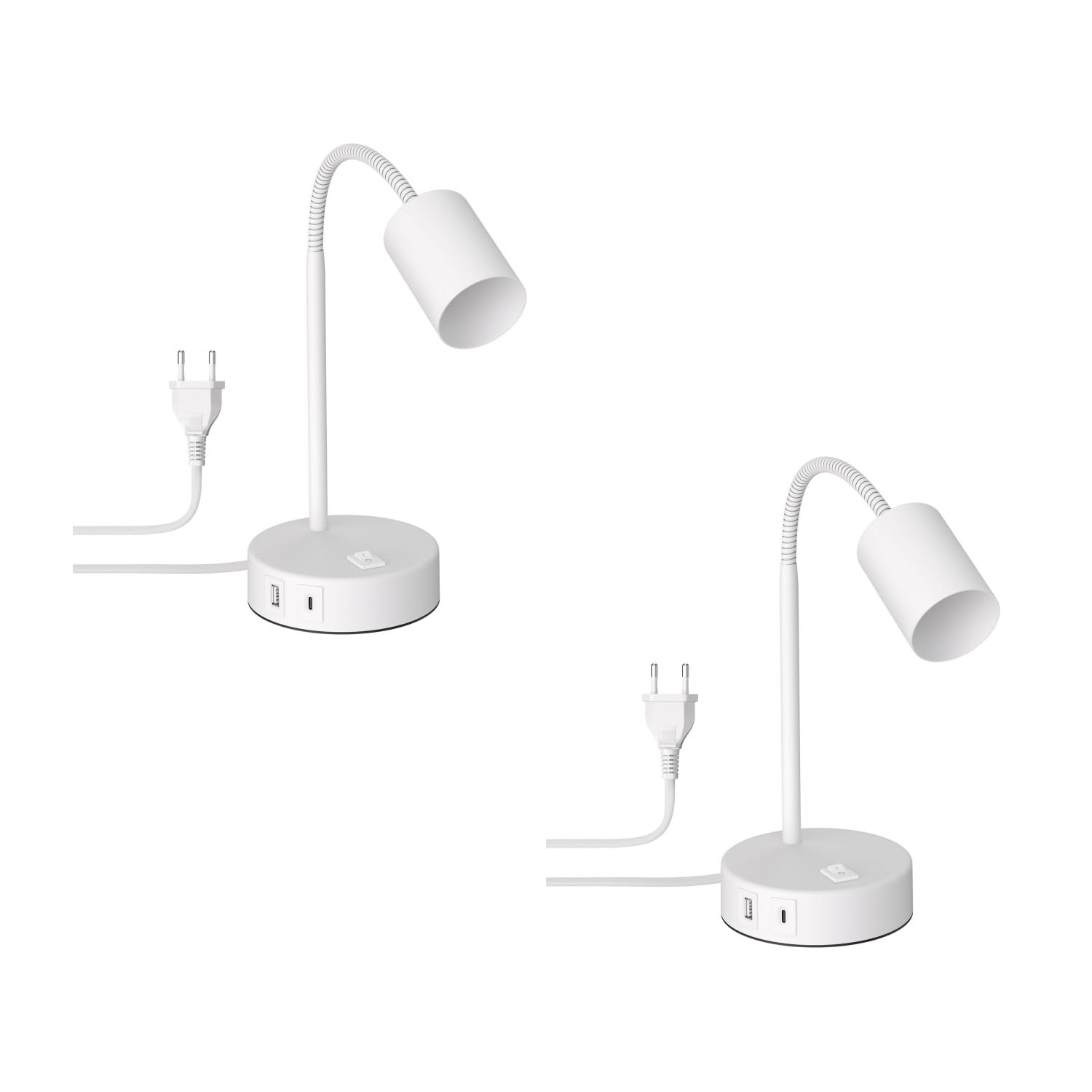 ledscom.de 2x Tischlampe WAIKA, Schwanenhals, Schalter, rund, weiß, USB-A, USB-C, 1x GU10 max. 15W