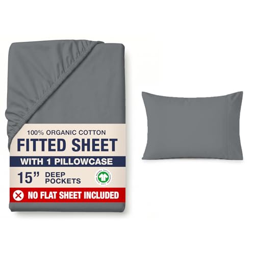 Image of LANE LINEN Fitted Sheets Twin Size, 100% Organic Cotton 2-Piece Set (1 Fitted Sheet, 1 Pillowcase), Percale Weave, Ultra Soft, Breathable,Fits Mattress Upto 15'' Deep - Charcoal (No Flat Sheet)
