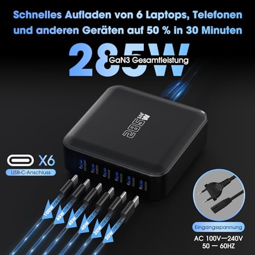 285W USB C Ladegerät, PD 100 W + 65 W Schnellladegerät 6 Port Ladestation GaN-III Charger, Netzteile Kompatibel mit MacBook Pro/Air, Dell XPS, iPhone 15/16/14/Pro, Samsung, Xiaomi, iPads, Steam Deck
