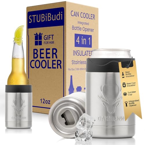 Image of Stainless Steel Beer Cooler With Bottle Opener, Vacuum Insulated Can Cooler 12 oz for Bottles Cans, 4-in-1 Universal Insulator Coozy for Bottles Cans, Beer Gifts for Men (Steel)