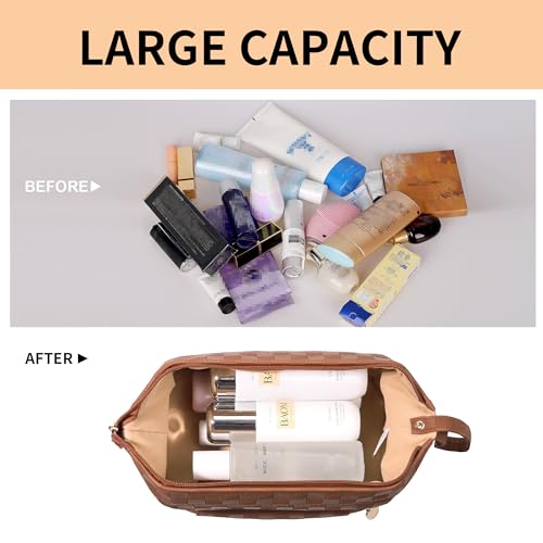 Abiudeng Large Capacity Makeup Bag Ladies Cosmetic Bag Travel Bag with Compartments Portable PU Leather Travel Makeup Bag with Handle