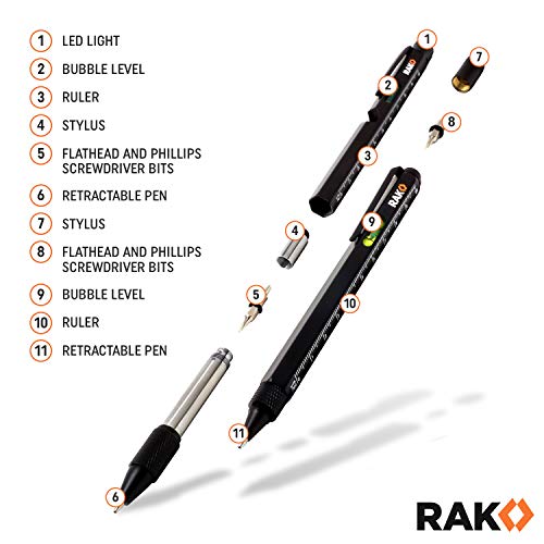 RAK Multitool Pen - Multi-Tool Pen Set 11 in 1, LED Light, Screwdrivers, Level, Ruler, Bottle Opener, and Stylus. Cool Gadgets Gifts for Men, Dad, EDC Tactical Pen Tool, Gift-Ready Box, Pack of 2 by RAK - Image 3