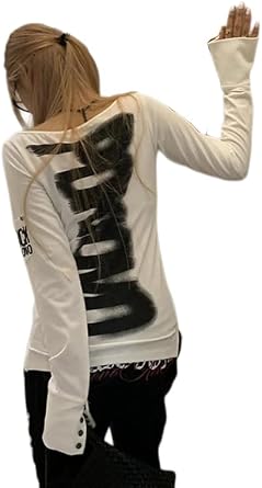 Womens Y2K Grunge Graphic Long Sleeve Top Off Shoulder Fairycore Aesthetic T-Shirt Gothic Streetwear Slim Fit Tees
